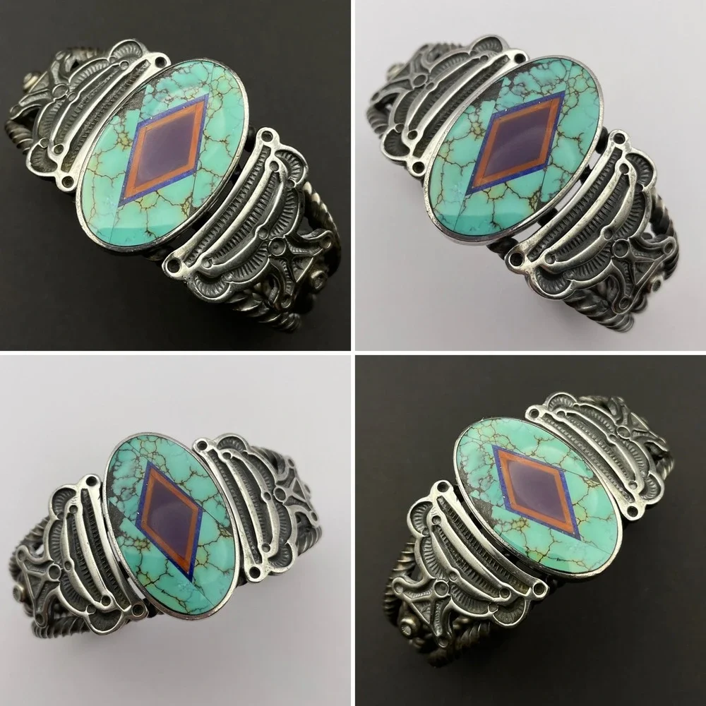 Vintage Navajo Ray Tracey & Knifewing Segura Sterling Silver Inlay Cuff Bracelet - Picture 5 of 16